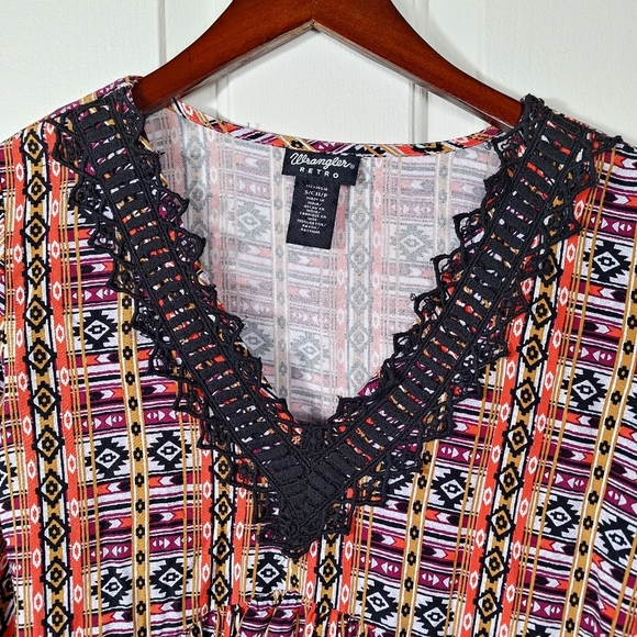 Wrangler Geometric Multicolor Patterned Black Lace V-neck Long Sleeve Top Smal - Picture 7 of 13